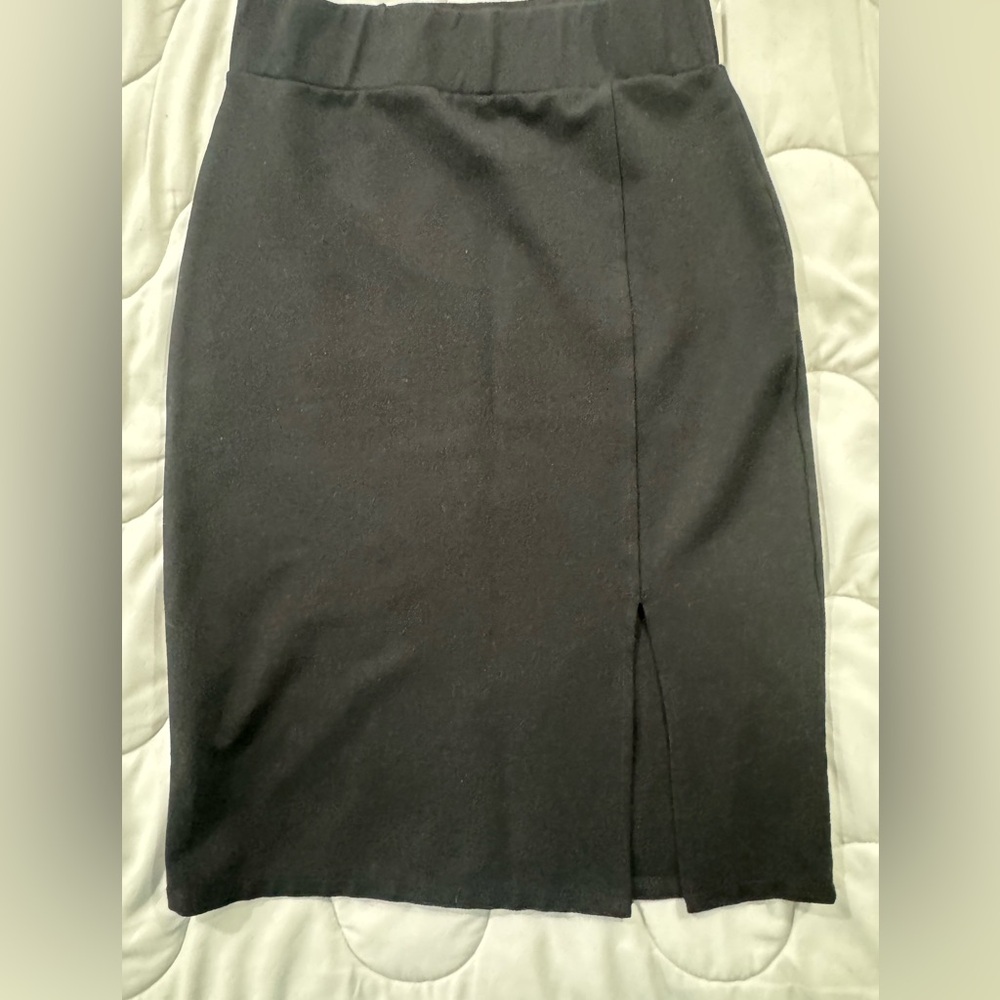 EXCHIC Black High Waist Pencil Skirt Midi with Side Slit Size S